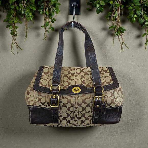 バッグ COACH Hamptons Signature Flap Satchel MINT Coach Hamptons Choco Brown Signature C Medium Carryall Tote